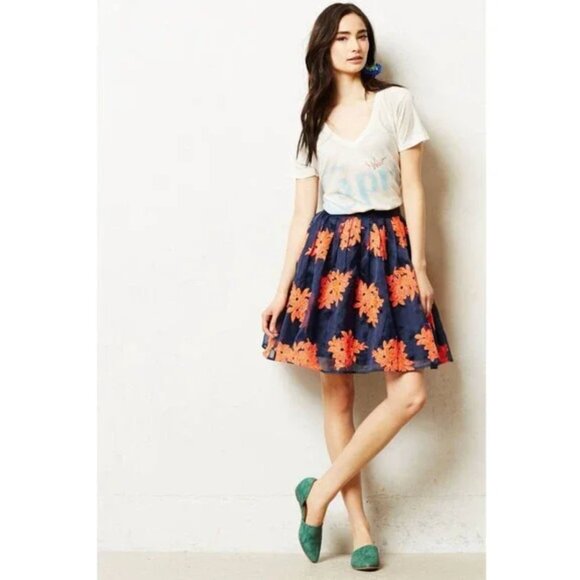 Anthropologie Maeve Navy and Coral Floral Pome Blossom Embroidered Tulle Skirt - Picture 1 of 4
